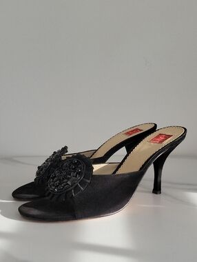 Oscar de la Renta Open- Toed Black Suede Heeled Sandals